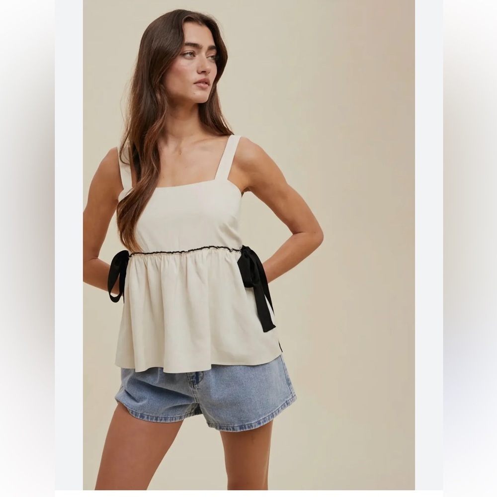 Wishlist Cream Square-Neck Peplum Camisole with Black Ribbon